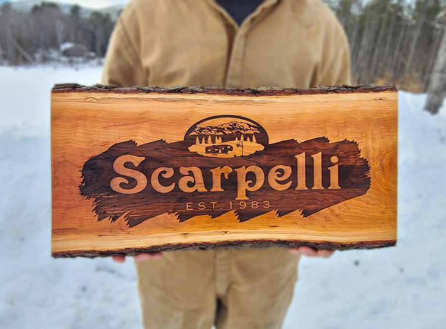 CUSTOM ANY DESIGN : Rustic Live Edge Wood Sign Engraved on Solid Cherry Slab ADK Dream Creations