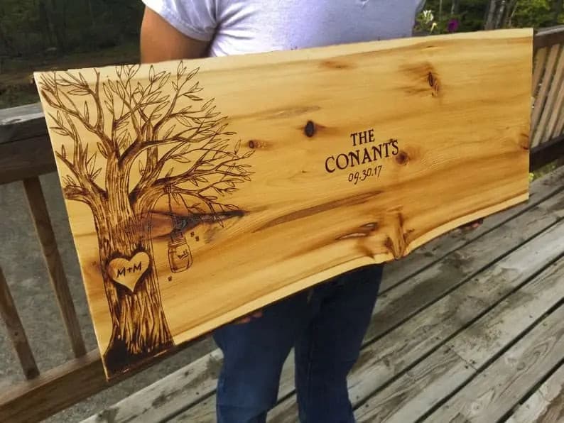 TREE Personalized Wedding Guest Book Alternative, Natural Wood Slab Handcrafted, Engraved Carved Customized Wood Signs, Cedar Live Edge