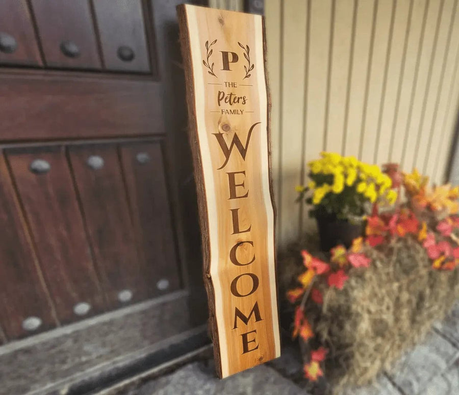 SOLID WOOD Live edge : Personalized Custom Welcome Sign, Family Name, Last name, Front door, Monogram, Farmhouse, Vertical, Wreath, Rustic  ADK Dream Creations .
