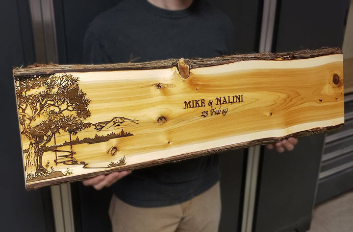 CUSTOM ANY DESIGN : Personalized Wedding Guest Book Alternative Wood Slab Oak Tree Engraved Carved Customized Wood Signs Cedar Live Edge  ADK Dream Creations .