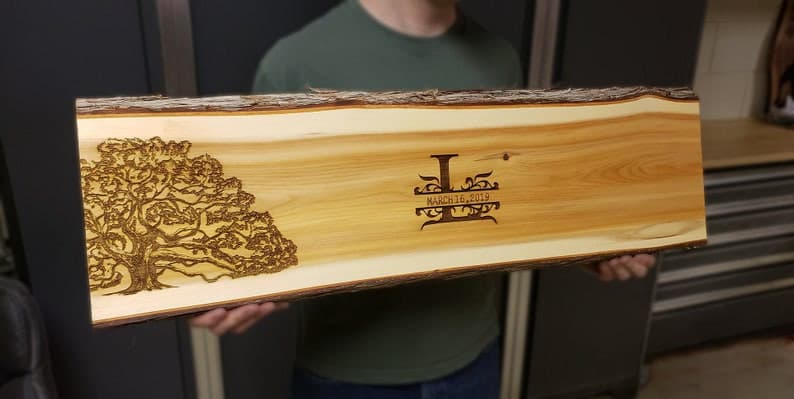 CUSTOM ANY DESIGN : Personalized Wedding Guest Book Alternative Wood Slab Oak Tree Engraved Carved Customized Wood Signs Cedar Live Edge  ADK Dream Creations .