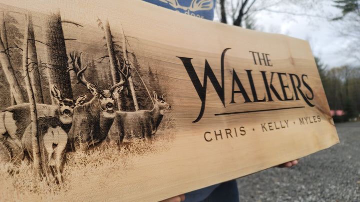 CUSTOM ANY DESIGN : Rustic Live Edge Wood Sign Engraved on Solid Maple or Elm Slab ADK Dream Creations