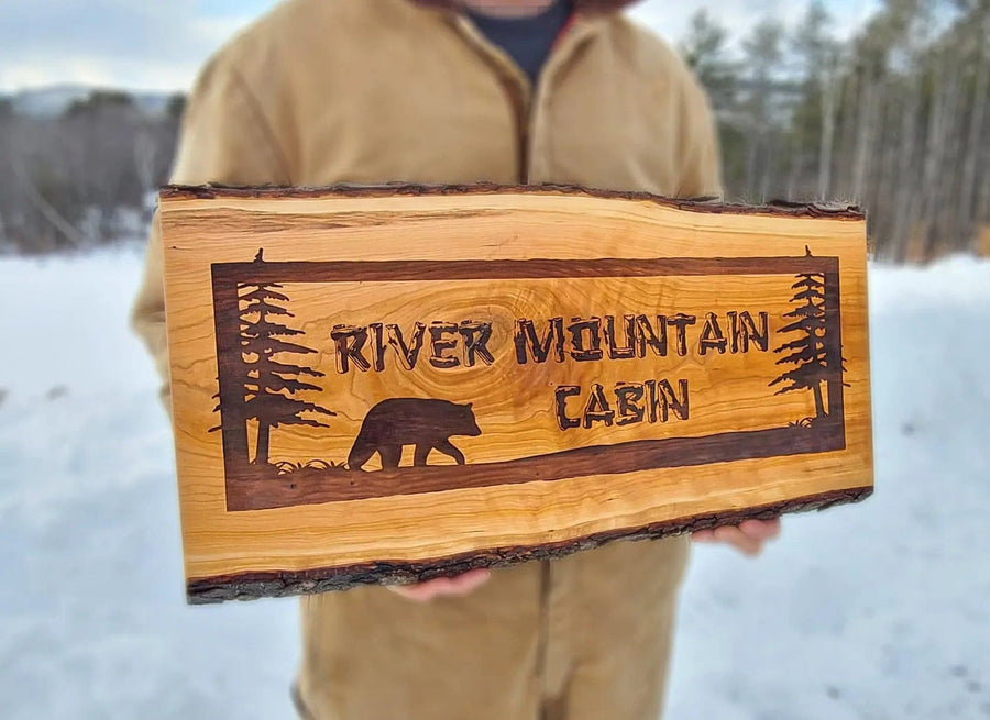 CUSTOM ANY DESIGN : Rustic Live Edge Wood Sign Engraved on Solid Cherry Slab ADK Dream Creations