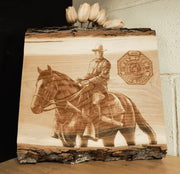 CUSTOM ANY DESIGN : Rustic Live Edge Wood Sign Engraved on Solid Cherry Slab  ADK Dream Creations . new york state trooper man on horse cowboy sign