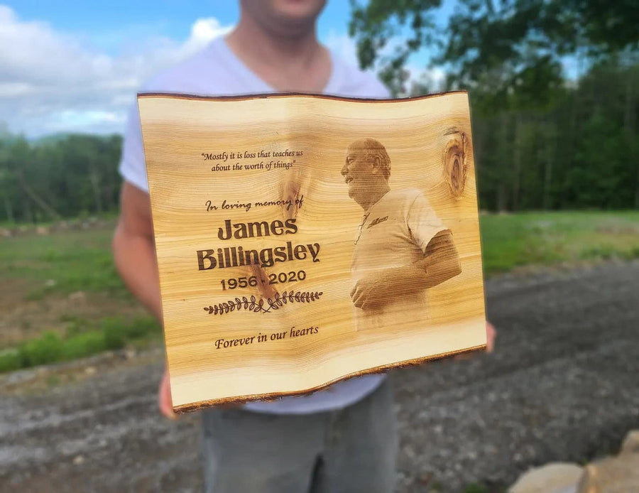 CUSTOM ANY DESIGN : Rustic Wood Slab Sign for Memorial, Retirement or Recognition with Engraved Picture  ADK Dream Creations .