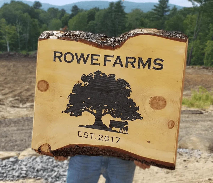 X-LARGE ANY DESIGN Carved Business Signs : Live Edge Slab Limited Rustic Carved Woodburn Handcrafted Wood Sign with logo farm office outdoor  ADK Dream Creations . farm outdoor large sign