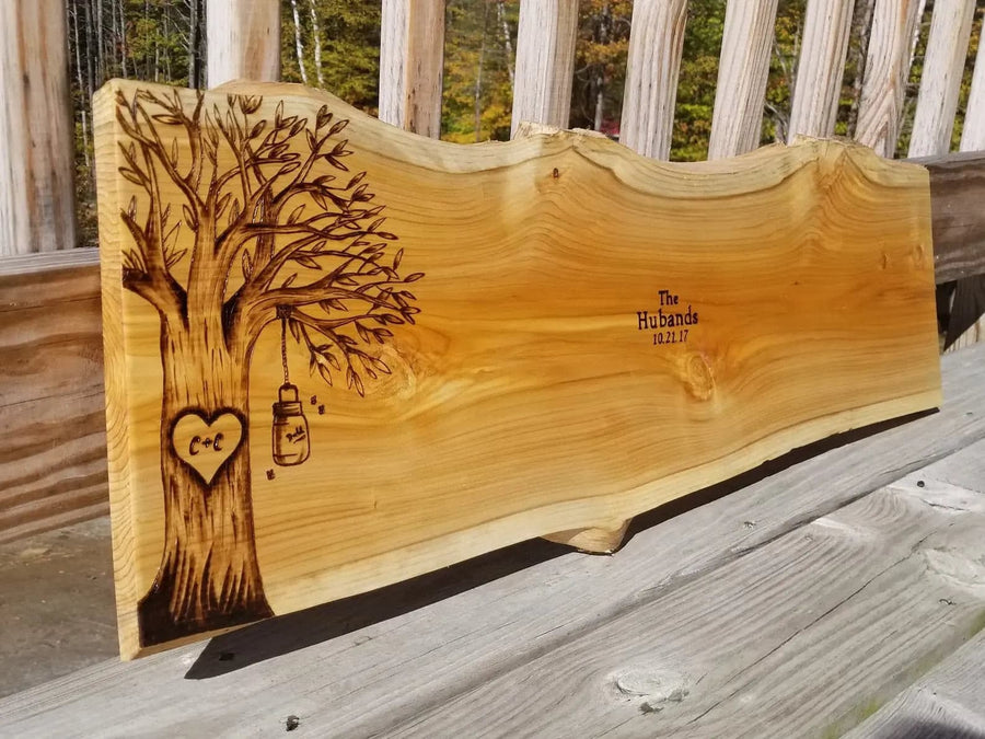 TREE Personalized Wedding Guest Book Alternative, Natural Wood Slab Handcrafted, Engraved Carved Customized Wood Signs, Cedar Live Edge