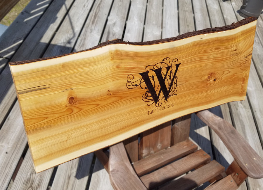 Custom Monogram : Personalized Wedding Guest Book Alternative Natural Wood Slab Handcrafted Engraved Carved Customized Wood Signs Cedar Live Edge  ADK Dream Creations .