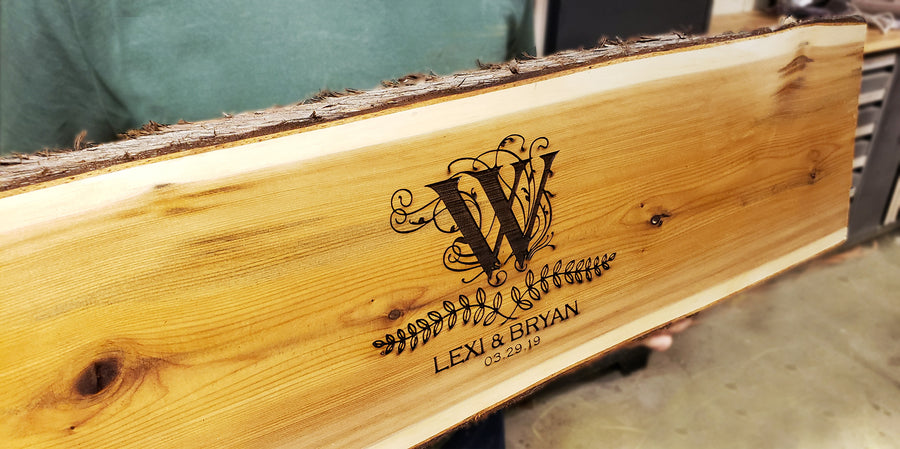 Custom Monogram : Personalized Wedding Guest Book Alternative Natural Wood Slab Handcrafted Engraved Carved Customized Wood Signs Cedar Live Edge  ADK Dream Creations .